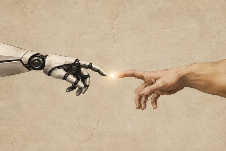 Detail after Michelangelo's Creation of Adam: a robotic hand reaching toward a human hand.